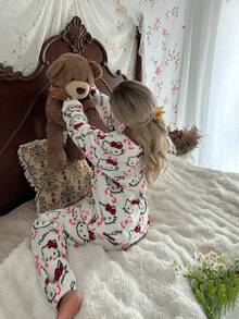 Sanrio 2pcs Women Plush Long Sleeve Top And Pants Set, Warm And Cozy For Autumn/Winter - White - View 7