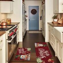 1/2 pièces Tapis de sol de Noël, fond rouge luxueux orné de bonhommes de neige blancs, de cloches dorées et de motifs de cadeaux de Noël. Tapis de sol de cuisine thème Joie, décoration d'atmosphère de Noël, parfait pour le bureau, la cuisine, la chambre, la décoration de la maison, créant une atmosphère joyeuse et exquise. - Multicolore - Voir 6