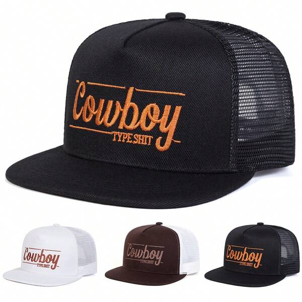 1Piece Men COWBOY Letter Embroidered Hip Hop Hat Mesh Hat Outdoor Adjustable Sunscreen Leisure Hat Spring Autumn Travel Tourism Beach Vacation
