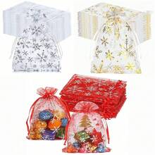 20 件/40 件 5x7 英寸雪花纱礼品袋带抽绳圣诞礼品袋冰雪奇缘生日派对礼品袋冬季雪主题生日派对招待袋 - 金色 - 查看 3