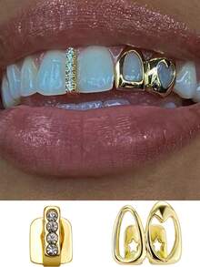 2pcs Hollow Golden Side Tooth Decor Niche Design Double Hollow Heart Shaped Teeth Decor Hip Hop Punk Style For Women, Music Festival, Party, Holiday, Couples Gift