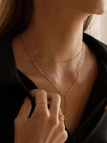 1 件不锈钢 18k 镀金双层项链长款多层项链优雅闪光链长吊坠锁骨项链女士日常佩戴珠宝 - Y Necklac - 查看 3