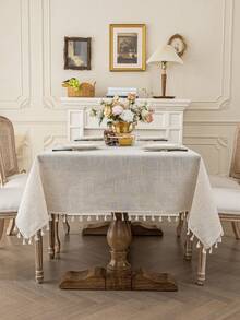 1pc Elegant Cream-Colored Linen Tassel Tablecloth, Rectangular European Style Coffee Table/Bedside Cabinet Cloth, Washable, Suitable For Farmhouse, Kitchen, Dining Table, Dinner, Family Gathering, Buffet, Wedding, Hotel Decor, Daily Home Decor, Thanksgiving Party Decoration