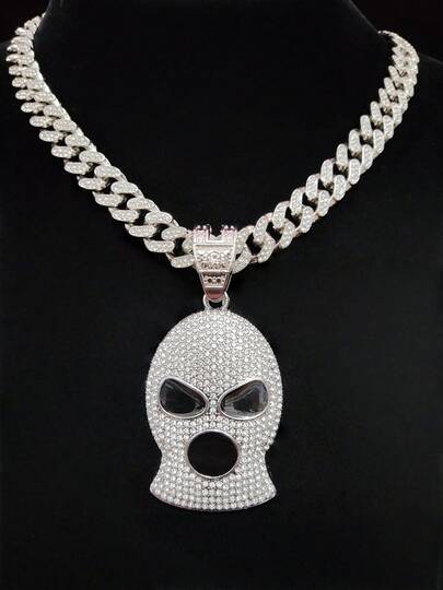 1pc Fashion Creative Mask Shaped Pendant & 1pc Rhinestone Glass Cuban Chain Necklace, Men's Hip Hop Punk Mask Pendant Necklace, Suitable For Daily Wear, Valentine's Day Gift, 2 Chain Options