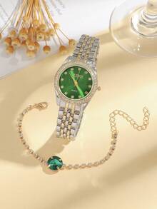 6pcs/Set Girls & Kids Luxury Crystal Quartz Analog Wrist Watch & Jewelry Set, Children's Gift, Halloween Gift, Year-End Promotion, Singles Day (No Box) - Green - View 3