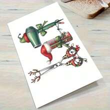 1pc Christmas Hairstylist Thank You Card - Holiday Greeting Card For Salon, Designed With Scissors, Comb And Hairdryer - Red And Green Christmas Theme - Includes Matching Envelope - Suitable For Hairstylists, Stylists, Customers - Christmas, New Year, Salon Appreciation Gift - Paper Card, Playful Illustration, Premium Cardstock, Stylist Expression