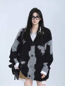 Áo khoác cardigan dệt kim dáng rộng phong cách retro đường phố dành cho nữ, áo len casual phối màu dáng rộng màu đen. - màu đen - Xem 4