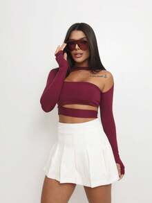 Women's Cropped Top With Cutouts, Long Sleeves, Batwing Neck, Blogger Style - 酒紅色 - 查看 2