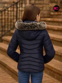 Big City Basic Girl's Quilted Jacket Plush Interior Casual Fashion With Hood - Navy Blue - View 2
