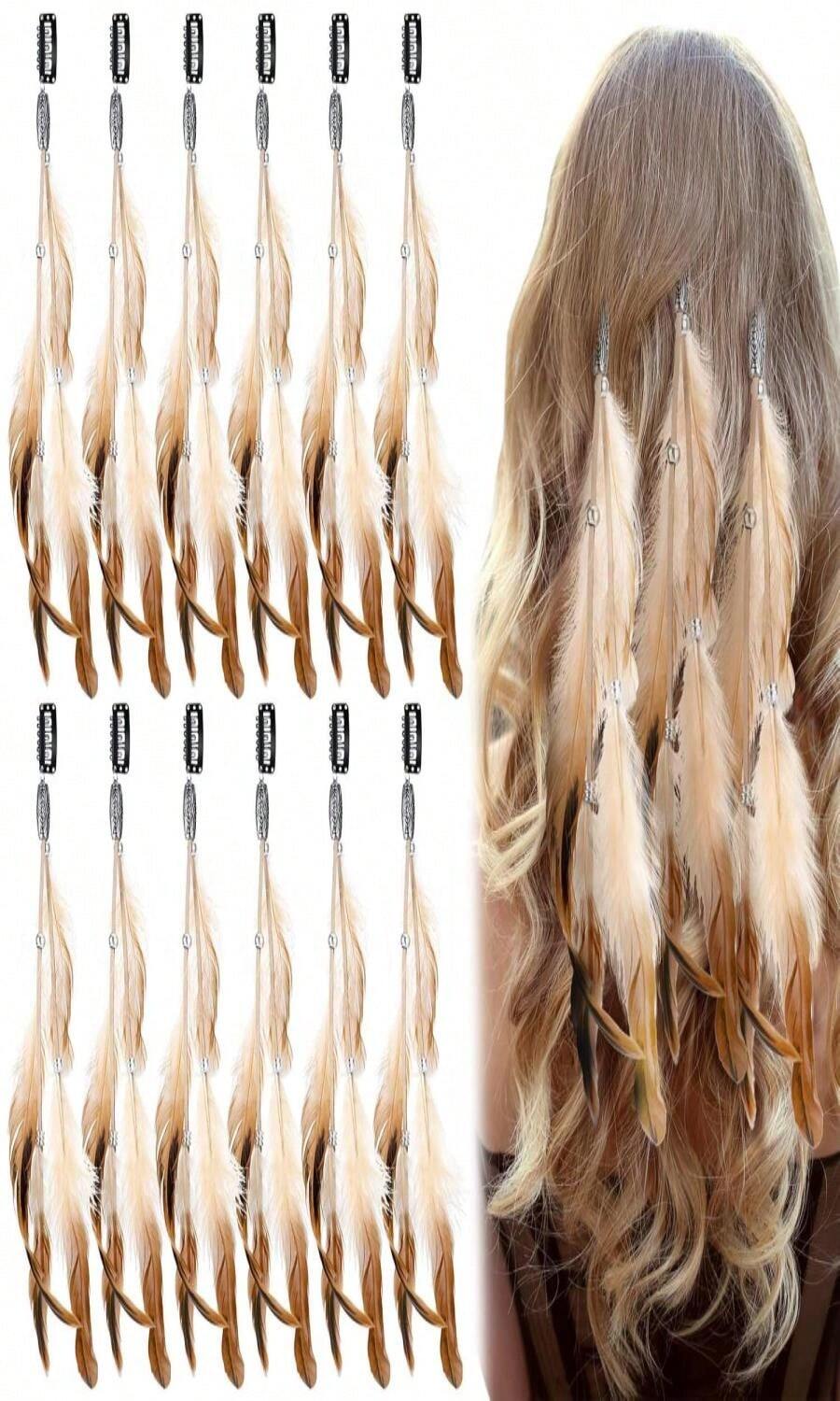 Geyoga 12 Pcs Clip In Hair Feathers Extensions For Women Colored Boho Feather Hair Clips Halloween Cosplay Costume Carnival Party Headdress Accessory Gifts(Brown,Standard) - ColorA - 查看 1