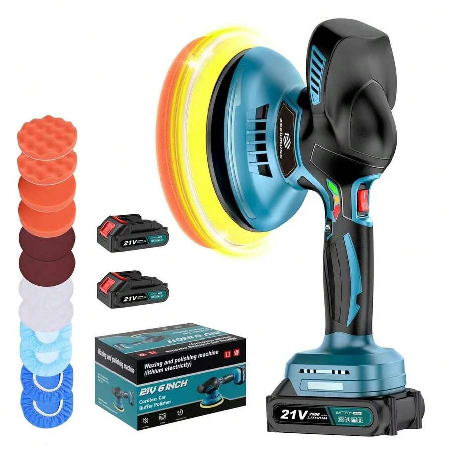 Cordless Car Buffer Polisher W/ 2x2000mAh 21V Batteries, 6 Inch Car Buffer Waxer Kit, Car Polishing Machine W/ Extra 12 PCS Attachments & 6 Variable Speed, Car Buffer Polisher For Car Detailing - Màu xanh lam - Xem 1