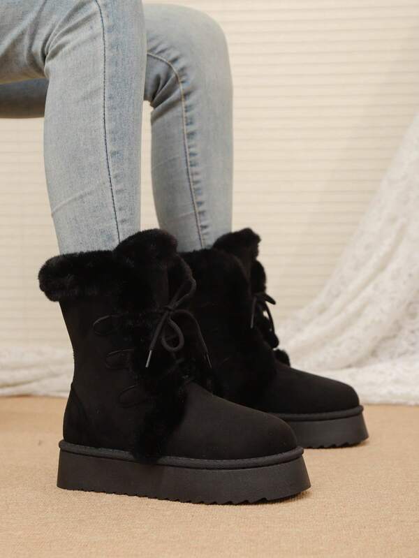 Solid Color Preppy Style Cute Casual Thermal Lined Drawstring Snow Boots, Warm And Comfortable Thick Sole, Cold-Resistant For Outdoor And Indoor Wear In Winter