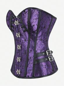 Top corset steampunk, gaine amincissante, boucle latérale, bustier à fermeture éclair jacquard vintage, style gothique à laçage dans le dos, corset ajusté pour le bal masqué - Prune - Voir 4