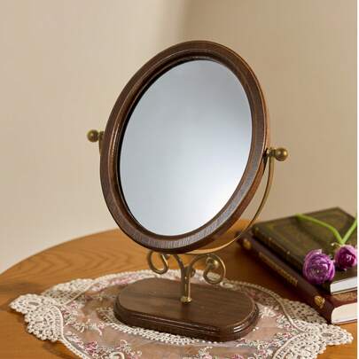 Cirelle Vintage Bedroom Vanity Mirror, Solid Wood Makeup Mirror, Tabletop Wooden Chinese Style Rotating Dressing Mirror
