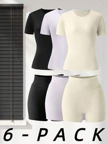 OKP 6pcs Women Outfit Short-Sleeved Suit, Tracksuits Women Set,Casual Women Outfits,Suitable For Yoga, Tennis,Fitness Exercises And Other Activities Summer Women Clothes - Đen + Tím + Vàng - Xem 1