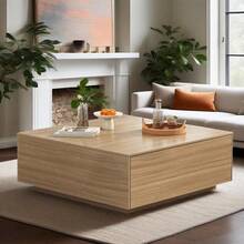 43" Square Coffee Table With Storage, 43" D X 43" W X 17" H Modern Large Square Center Table With 2 Drawers, Wood Coffee Table For Living Room,Bedroom - 淺橡木色 - 查看 1