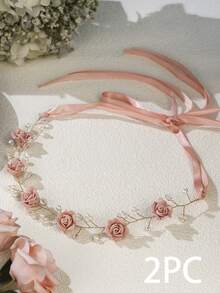 1pc Wedding Crystal Headband Pink Flower Headband Handmade Faux Pearl Bridal Headpiece Bride Bridesmaid Hair Accessories Valentine's Day Valentines - Pink - View 13