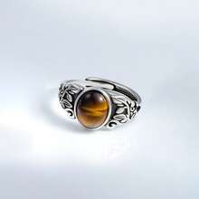 1pc 925 Sterling Silver Vintage Leaf Pattern Inlaid Tiger's Eye Stone Personalized Fashion Ring, Suitable For Everyday Casual Wear, Gift For Family And Friends On Holidays And Birthdays - Antique Silver - View 7