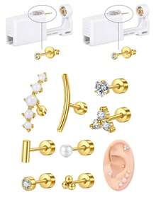 一次性耳洞枪套装，耳洞穿刺套装，自穿耳洞套装，金银耳环，防过敏不锈钢穿孔工具，家用 20G 人造珍珠耳钉和 2mm 3mm 4mm CZ 平背耳钉 - 彩色 - 查看 14