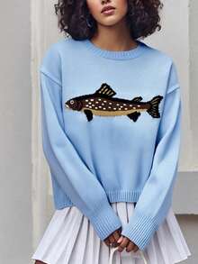 Women Knit Sweater Long Sleeve Crew Neck Fish Pullover Warm Sweater For Fall Winter - Blue - View 2