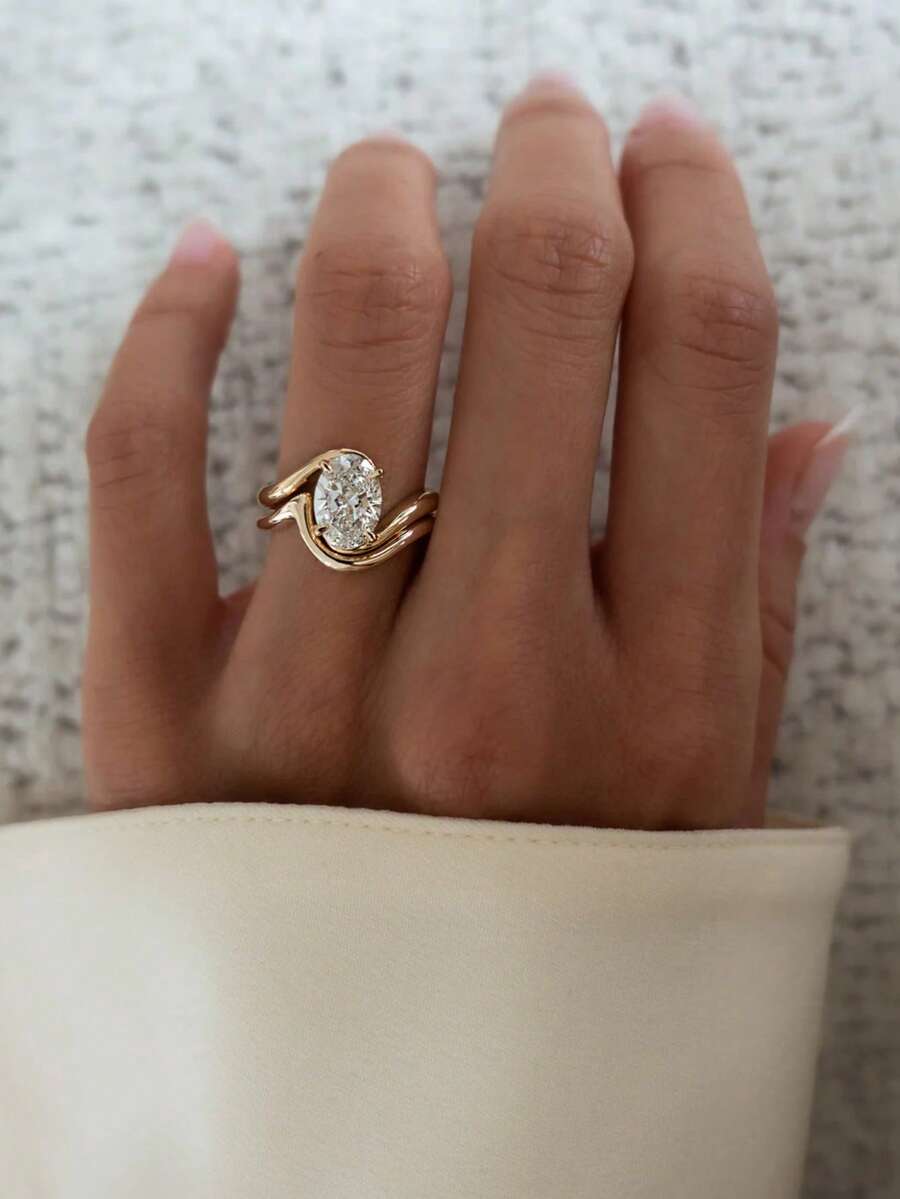 2pcs S925 & 925 Sterling Silver Minimalist Lightweight Luxury Curved Twist Band Rings, Inlaid With Diamonds, Elegant Ladies' Dating Party Anniversary Jewelry Gift - 曲線橢圓鑽石套戒 - 查看 1