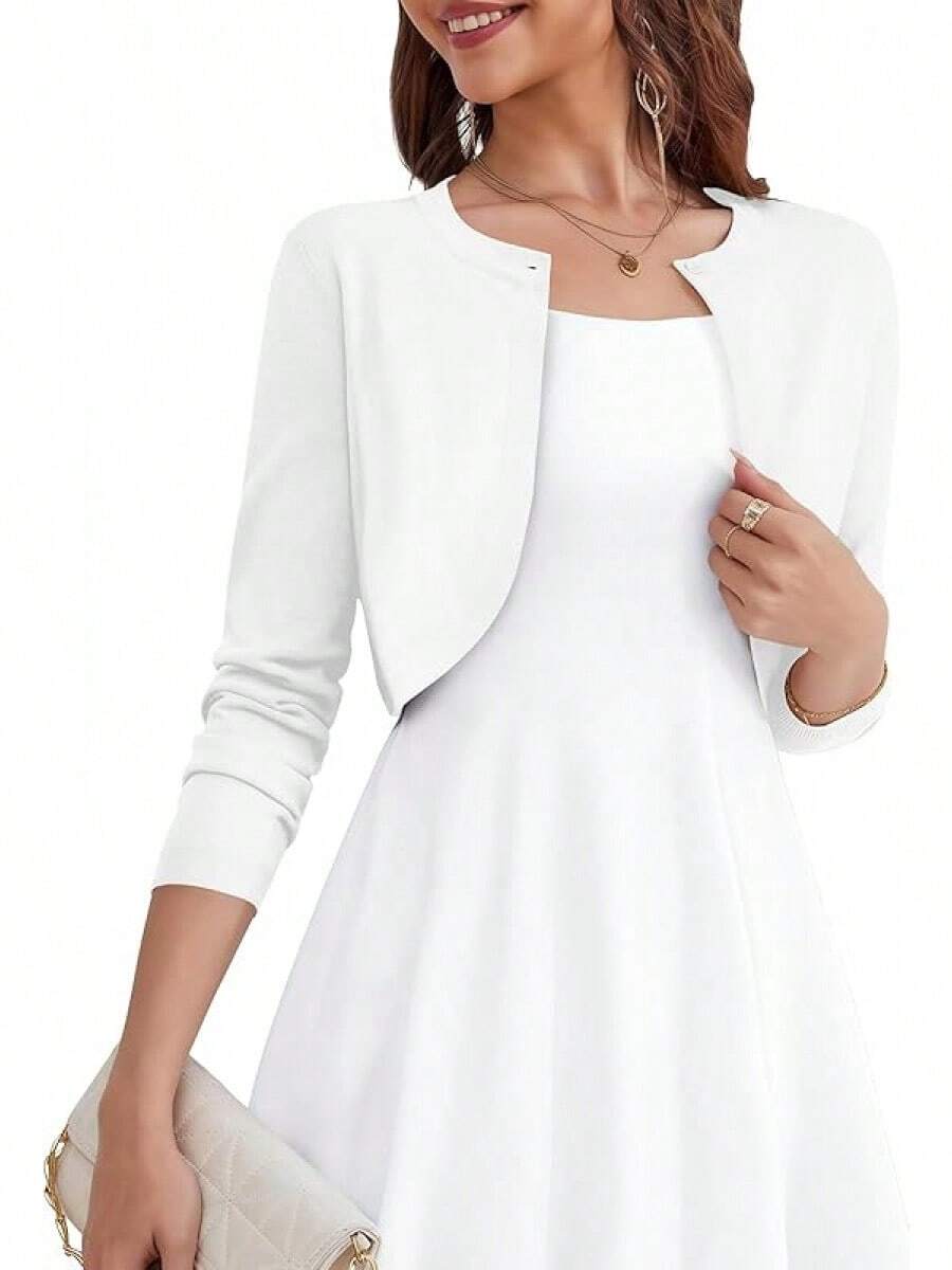 Women's Long Sleeve Cardigan - Cropped Open Front Knit Sweaters Bolero Shrug For Dresses S-XL - 白色 - 查看 1