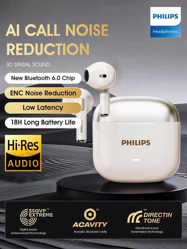PHILIPS Philips New Bluetooth 6.0 Wireless Earbuds, TAT1420, High-Fidelity Sound, Semi-In-Ear Design, Noise Cancellation, Gaming Sport, Universal For Xiaomi Apple Phones