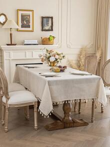 1pc Elegant Cream-Colored Linen Tassel Tablecloth, Rectangular European Style Coffee Table/Bedside Cabinet Cloth, Washable, Suitable For Farmhouse, Kitchen, Dining Table, Dinner, Family Gathering, Buffet, Wedding, Hotel Decor, Daily Home Decor, Thanksgiving Party Decoration