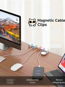 3 piezas Clips magnéticos de cable con soporte adhesivo ajustable - Fuerte atracción magnética y base adhesiva, multicolor (blanco, rosa, morado, azul claro, verde menta) para escritorio de oficina en casa, coche, pared, mesita de noche - Organiza cargadores, cables, auriculares, clips, escritorio ordenado, plástico minimalista
