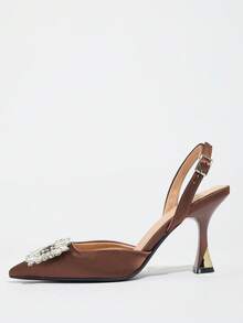 Zapatos de tacón alto con punta cerrada y decoración de rhinestones de unicolor, elegantes y cómodos, adecuados para fiestas, banquetes, citas, reuniones, vestidos formales, para primavera/verano/otoño/invierno. Tacones altos de oficina de satén color café oscuro, elegantes - Café integral - Ver 7