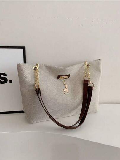 1pc Deer Pattern Decorative Large Capacity Zipper Fashion Shoulder Tote Bag, Suitable For Women's Daily Use, Can Be Used As A Backpack, Large Capacity, Portable, Lightweight, Classic Casual Style, Suitable For Teenage Girls, Women, College Students, Ideal Choice For Back To School, University, Middle School, High School