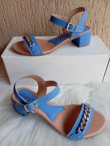 Elegant Women's Sandal With 4cm Block Heel And Chain Detail - Màu xanh lam - Xem 1