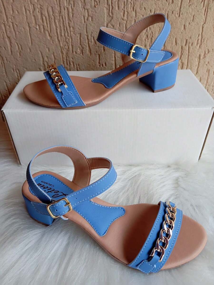 Elegant Women's Sandal With 4cm Block Heel And Chain Detail - Màu xanh lam - Xem 1