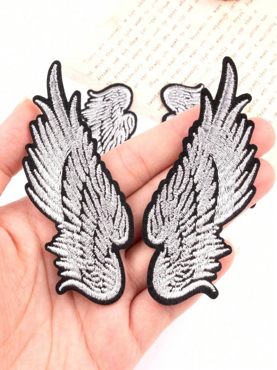 4pcs Black & Silver Angel Wing Embroidered Patches, Fashion Backpack Jacket Decorative Iron-On Appliques - Multicolor - View 1