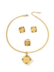 1 set elegant din aliaj de cupru, de epocă, placat cu aur, cu incrustație de strasuri, cercei cu pandantiv, inel, colier, set de bijuterii, potrivit pentru ținuta zilnică a femeilor și cadou de sărbători