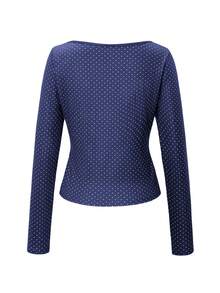 Nora Noon 女士情人节休闲印花针织长袖T恤，适合搭配图案T恤、白色上衣，也适合派对、生日和节日穿着。 - 藏蓝色 - 查看 4