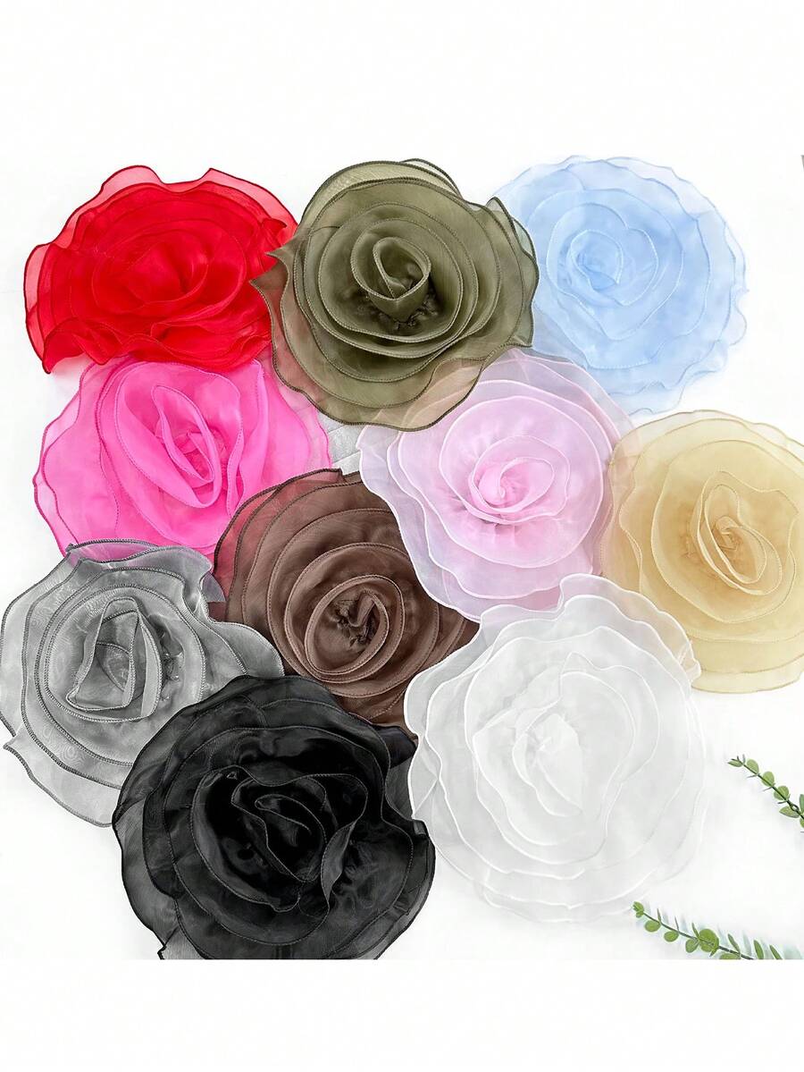 加大码多色简约欧根纱多层边缘缝制 3D 网眼花朵，DIY 儿童服装、连衣裙、婚纱配饰装饰