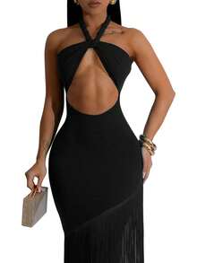 Women's Solid Color Hollow Out Design Bodycon Halter Sexy Party Dress - Black - View 8