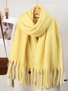 1件装女士秋冬新款毛绒流苏围巾，保暖舒适大披肩，防风保暖，适合户外活动，简约百搭，日常搭配连衣裙也同样适用。 - 17-鵝黃 - 查看 4