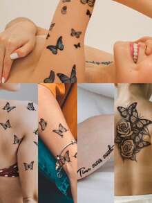 STARTTOOS 9pcs/Set Assorted Pink Rose Flower, Butterfly, Words Temporary Tattoos, Suitable For Arms, Legs, Shoulders, Neck, Collarbone, Daily, Party, Holiday Gifts - Multicolor - View 7