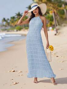 Women's Ruched Bodycon Long Dress Sleeveless Backless Solid Color Dress Cocktail Party Dress - Blue - View 6