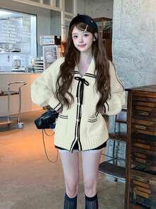 Áo len cardigan len dệt kim cổ cà vạt cỡ lớn phong cách hải quân - Màu be - Xem 1