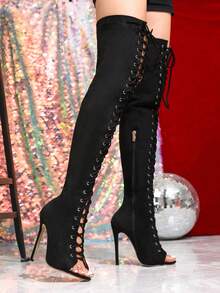 2026 Classic Over-The-Knee Boots, Comfortable Lace-Up Peep Toe Boots, 4-Season Zipper Boots, 12cm Sexy Leg Boots - Black - View 8