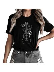 Flower Guitar Cute Gift For Funny Womens Summer Graphic Tees Top T Shirt - Black - View 1