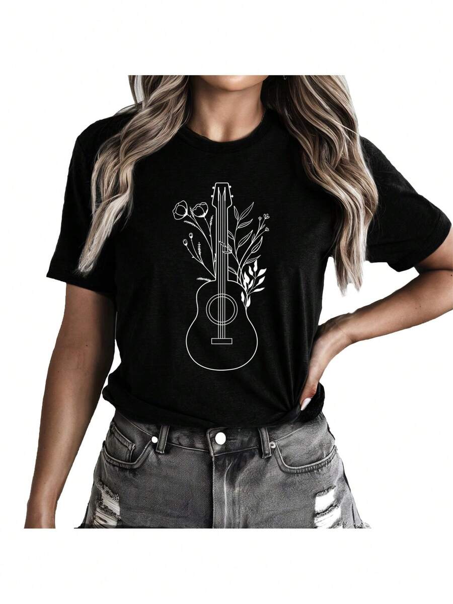 Flower Guitar Cute Gift For Funny Womens Summer Graphic Tees Top T Shirt - Black - View 1