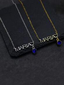 1pc Customized Name Necklace, Personalized Name Necklace With Blue Gemstone Pendant, Stainless Steel Engraved Plate Pendant Necklace, Handmade Jewelry, Birthday/Christmas/Valentine's Day Gift For Her/Him - Multicolor - View 6