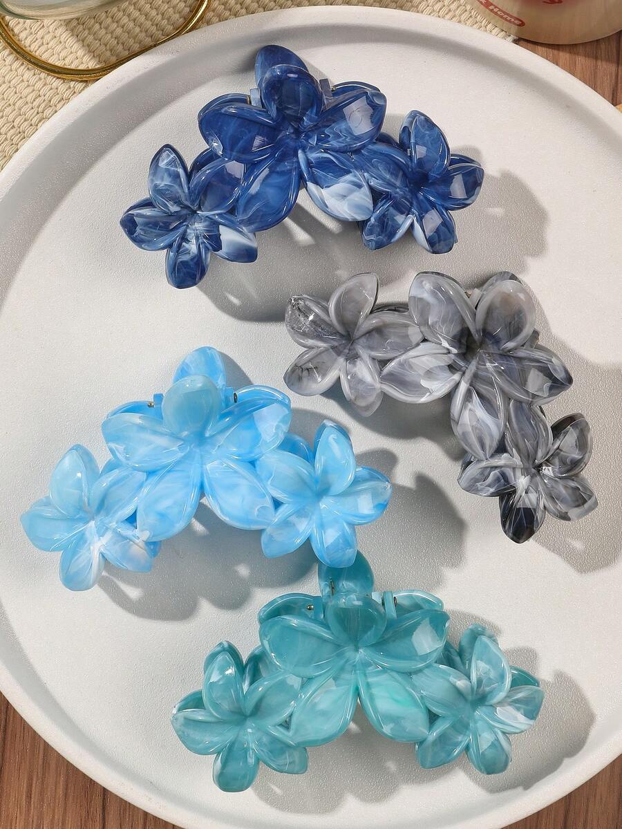 4个ABS材质蓝色优雅大理石渐变雏菊拼接发爪夹，波西米亚海滩度假风发饰，适合马尾辫和盘发，秋季发夹，时尚发饰，冬季度假装扮，女士夏季 - 彩色 - 查看 1