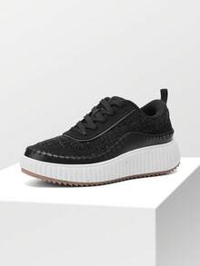 Women Platform Casual Sneakers Thick-Sole Woven Style Fashion Comfortable Wedge Sneakers Autumn Winter Outdoor Sport Shoes - màu đen - Xem 1