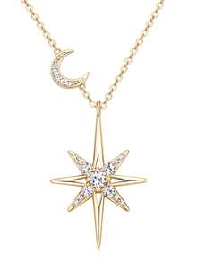 XUJIA 1PC Fashion Elegant Star&Moon Moissanite Pendant Necklace 925 Sterling Silver 3mm&2mm&1mm(0.28ctw) Necklace For Women Birthday Anniversary Valentine's Day Wedding Engagement Jewelry Gifts