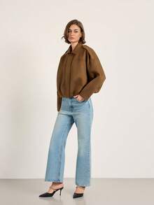 Faux Suede Lapel Loose Fit Flight Jacket - Coffee Brown - View 8